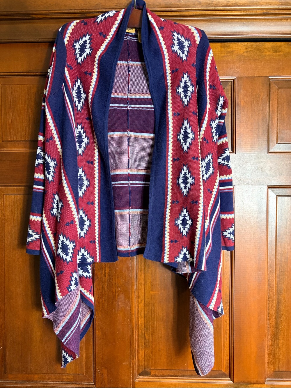 Wrangler Cardigan Blanket Jacket Southwest Westtern Cowgirl Burgundy Navy Ruana